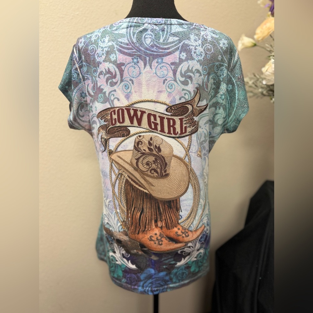 Sweet Gisele Cowgirl Rhinestone Graphic Top XL Western Rodeo San Antonio - Picture 7 of 10